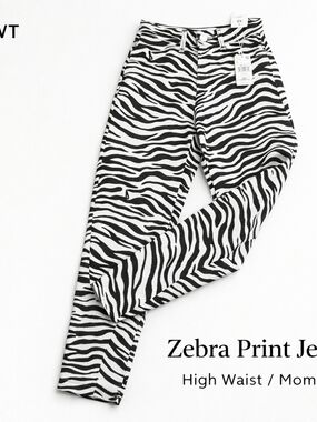 Mango NWT Zebra Print High Waist Ankle Mom Jeans Black White Animal Print  S34/2